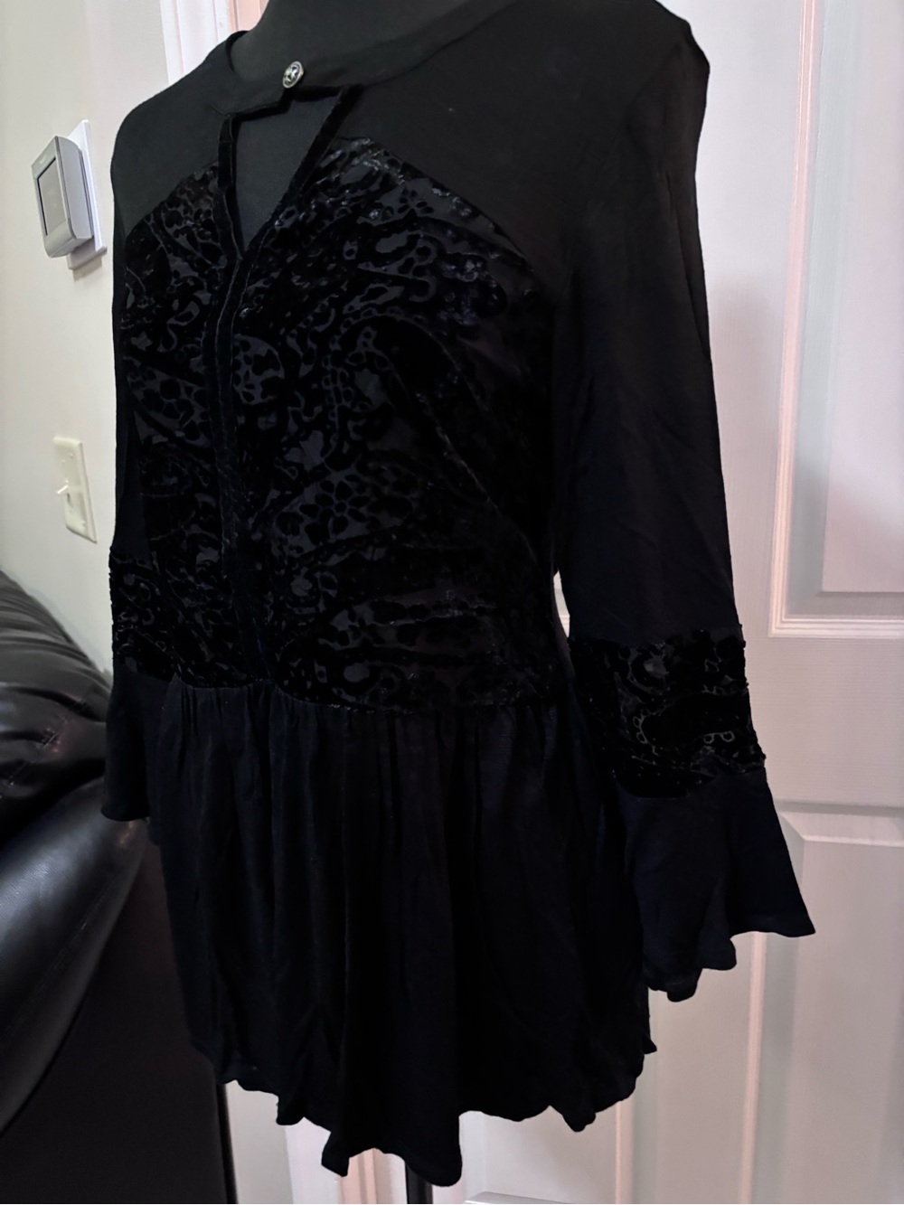 Hannah Womens Romantic Whimsigoth Black Top with Velvet Burnout Detail - Picture 3 of 9